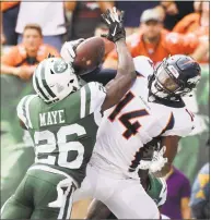  ?? Bill Kostroun / Associated Press ?? New York Jets defensive back Marcus Maye breaks up a pass to the Denver Broncos’ Courtland Sutton during Sunday’s contest.