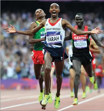  ??  ?? Below left: Mo Farah surges to victory at the men’s 5000m final at the London 2012 Olympics.