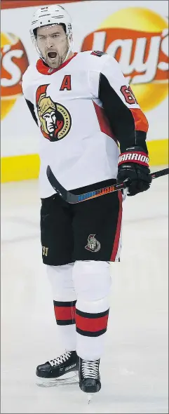  ?? —CP ?? Senators forward Mark Stone celebrates his goal against the Jets during the first period in Winnipeg last night. Stone has been at the centre of trade speculatio­n.