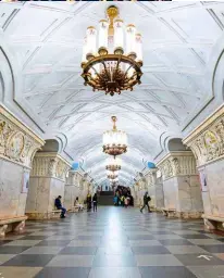  ??  ?? Above: Prospekt Mira station in Moscow. The Winter Palace in Saint Petersburg (top) houses the Hermitage Museum (below).