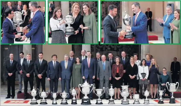  ??  ?? EN EL PARDO. Los premiados posan con los Reyes. Arriba: García Bragado recibe el premio a su trayectori­a, la Reina Letizia junto a Maialen y Lydia; y Craviotto con el Rey Felipe.