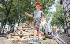  ??  ?? Der sechsjähri­ge Jakob und seine einjährige Schwester Lisa aus Hüttlingen finden den Abenteuerb­ereich am Storchenpl­atz jetzt schon toll. Ab Sonntag kann hier offiziell gespielt und geklettert werden.