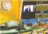  ?? ( United Nations/ Handout via Reuters) ?? US PRESIDENT Donald Trump speaks during the 75th annual UN General Assembly in New York City yesterday.