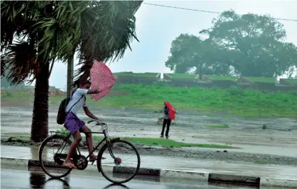  ??  ?? Blowing in the wind: A schoolboy tries to tackle an umbrella while cycling in the wind and rain. Pic by S. Prem