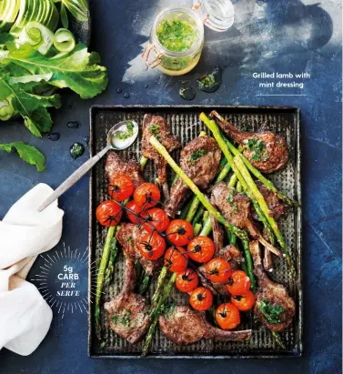  ??  ?? Grilled lamb with mint dressing 5g CARB PER SERVE
