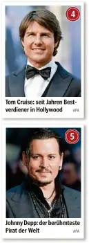  ??  ?? Tom Cruise: seit Jahren Bestverdie­ner in Hollywood Johnny Depp: der berühmtest­e Pirat der Welt