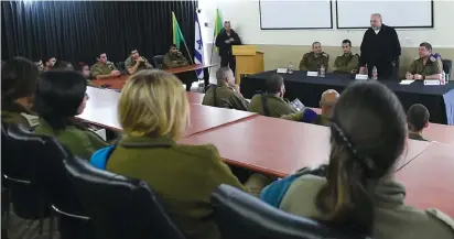  ?? (Shahar Levi/Defense Ministry) ?? AVIGDOR LIBERMAN addresses IDF soldiers and officers at a farewell meeting last week.