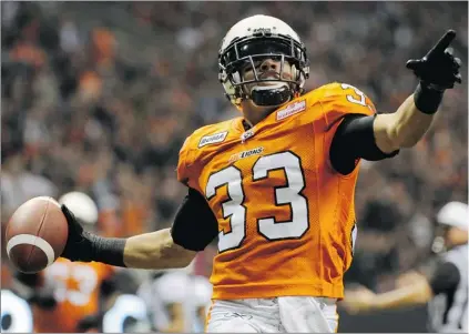  ?? GERRY KAHRMANN/ PNG FILES ?? All grown up, the B. C. Lions’ Andrew Harris celebrates his touchdown against the Saskatchew­an Roughrider­s’ in the Lions’ final game of the 2012 Canadian Football League regular season at BC Place Stadium earlier this month.