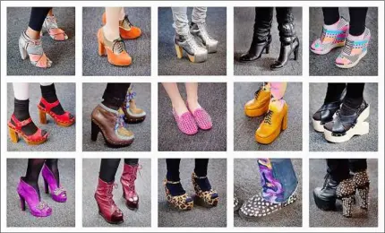  ??  ?? This combinatio­n photo show the shoes worn by guests at Lincoln Center during Fall Fashion Week in New york. Crazy heels are de rigueur for the audience at the show.