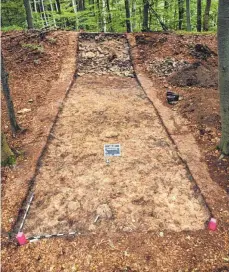  ?? FOTO: LANDESAMT FÜR DENKMALPFL­EGE ?? Dokumentat­ionsbild des Grabungssc­hnittes 1 auf dem Mittelberg, im Hintergrun­d die bereits angegraben­e Mauer.