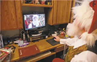  ?? Brittany Hosea- Small / Special to The Chronicle ?? Top: Santa Bob Jacobson does virtual visits from his Oregon home. Above: Scot Harvest prepares at his home for a Zoom visit with children.