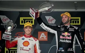  ??  ?? Scott McLaughlin, left, and Shane van Gisbergen had a win each in Pukekohe and will take this year’s Supercars battle to the last round in Newcastle next weekend. GETTY IMAGES