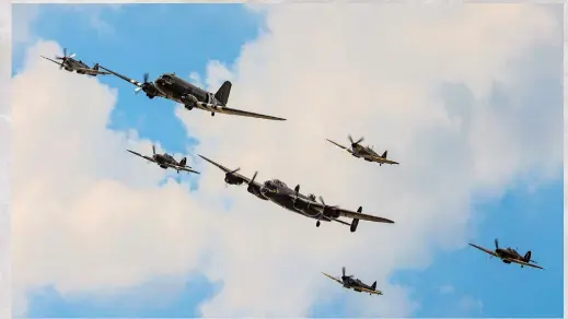  ?? (Photo courtesy BBMF) ?? The Royal Air Force Battle of Britain Memorial Flight (RAF BBMF). In this photo, the Douglas C-47 Dakota leads the Avro Lancaster, three Spitfires, and two Hurricanes.