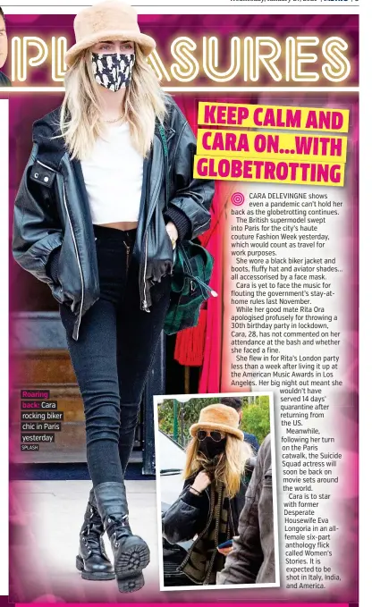  ?? SPLASH ?? Roaring back: Cara rocking biker chic in Paris yesterday