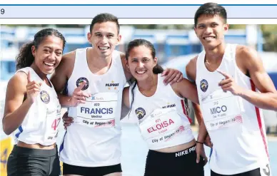  ??  ?? National team members (from left) Robyn Brown, Francis Medina, Eloisa Luzon and Mico Del Prado yesterday during the Ayala Philippine Athletics Championsh­ips at the City of Ilagan Sports Complex in Isabela. (Rio Leonelle Deluvio)