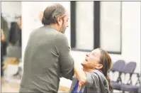  ??  ?? Liam Craig, who plays the French Ambassador / Bardolph / Gower, rehearses with Felicity Jones Latta, who portrays the Archbishop of Canterbury / Nym / Alice in Shakespear­e’s “Henry V,” which runs through Nov. 11 at the Hartford Stage.