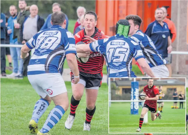  ?? Michael Tyrells ?? Widnes’s Gavin Hatton is met by a wall of Tyldesley defenders while (inset) Josh Paton races for the Tyldesley line.