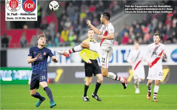  ??  ?? Trotz des Engagement­s von Aziz Bouhaddouz gab es im Hinspiel in Heidenheim ein 0:2. Heute müssen die Kiezkicker eine Schippe drauflegen.