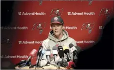  ?? AP photo ?? Buccaneers quarterbac­k Tom Brady speaks at a news conference after practice Friday in Germany. Tampa Bay plays the Seattle Seahawks on Sunday in Munich.