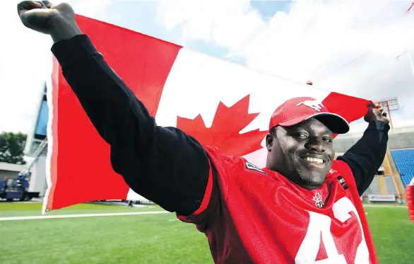  ??  ?? Former Calgary Stampeder Mike Labinjo is being remembered as ‘a big man with a big personalit­y’ in the wake of his sudden death on Saturday at the age of 38.