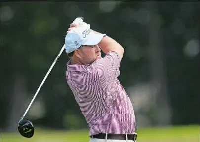  ?? SEAN D. ELLIOT/THE DAY ?? Dave Fusco of Stony Point, N.Y., tees off on the par 4 10th hole during the opening round of the 38th Connecticu­t Senior Open golf championsh­ip at Shennecoss­ett Golf Course in Groton on Monday. Fusco is tied for fourth entering Tuesday’s final round.