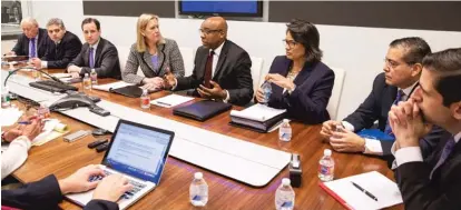  ??  ?? From left, Democratic attorney general primary candidates Pat Quinn, Aaron Goldstein, Scott Drury, Nancy Rotering, Kwame Raoul, Sharon Fairley, Jesse Ruiz and Renato Mariotti met with the Sun- Times Editorial Board Thursday.
| RICH HEIN/ SUN- TIMES