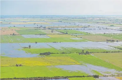  ??  ?? Pasados por agua. Una imagen aérea, del centro santafesin­o, muestra los excesos en los lotes agrícolas.