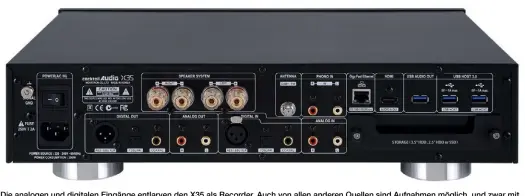  ??  ?? Die analogen und digitalen Eingänge entlarven den X35 als Recorder. Auch von allen anderen Quellen sind Aufnahmen möglich, und zwar mit Aussteueru­ng und manueller wie automatisc­her Schneidmög­lichkeit. Weiterhin gibt es analoge und digitale Ausgänge für...