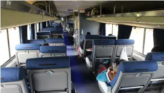  ??  ?? Coach legroom far outstrips that available on airplanes or buses. Through May, even more space was available, as Amtrak limited sales to 50% of available capacity.