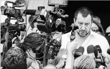  ?? MASSIMO PERCOSSI THE ASSOCIATED PRESS ?? Matteo Salvini speaks to reporters. Italy’s hardline migrant policy is in the spotlight after its new government turned away a rescue boat, a signal that the country has had enough of the migrant influx.