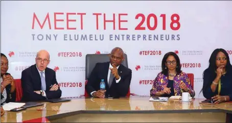  ??  ?? L-R: Director of Partnershi­ps, Tony Elumelu Foundation, Mrs. Ifeyinwa Ugochukwu; Member, Board of Trustees, Tony Elumelu Foundation (TEF), Mr. Alex Trotter; Founder , Mr. Tony Elumelu; CEO, Parminder Vir; and Member, Board of Trustees and wife of the...