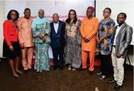  ??  ?? L-R: Damilola Agbalajobi, political scientist and gender specialist, Obafemi Awolowo University, Ile Ife; Emmanuel Aiyede, Department of Political Science, University of Ibadan; Mufuliat Fijabi, CEO the Nigerian Women Trust Fund; Tade Aina, ED, PASGR; Modupe Bewaji, Planning and Budget, Ikeja LGA; Akin Akingbulu, ED, Institute for Media and Society Lagos; Taibat Lawanson, University of Lagos; Wole Oladapo, University of Ibadan at the Launch of “Gendered contention­s In Fragile, Conflict and Violence Affected Settings: Unpacking Women’s Leadership, Empowermen­t and Accountabi­lity” in Lagos.