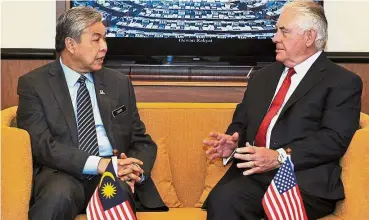  ??  ?? First contact:
Zahid and Tillerson engaging in a serious discussion during their first-ever meeting at Parliament House.