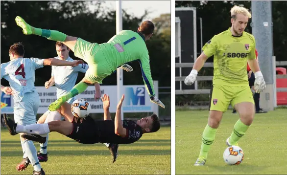  ??  ?? The controvers­ial incident when Aaron Dobbs was denied a clear goal chance by netminder Paul Hunt. Corey Chambers on the ball in his farewell game for Wexford.