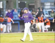  ?? Matthew Brown / Hearst Connecticu­t Media ?? Former Westhill pitcher Montana Semmel pumps his fist after delivering a strikeout against Stamford in 2019.