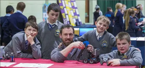  ??  ?? Emil Czarnocki, Adam Clarke, Mr Tom O’Connor, Sean Fay-Duffy and Ben Geyz at the Vex Robotics Final in DkIT.