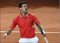  ?? (AFP) ?? Serbian Novak Djokovic celebrates a point against Italian Lorenzo Sonego during their semi-final of the Men’s Italian Open at Foro Italico in Rome, Italy, on Saturday.