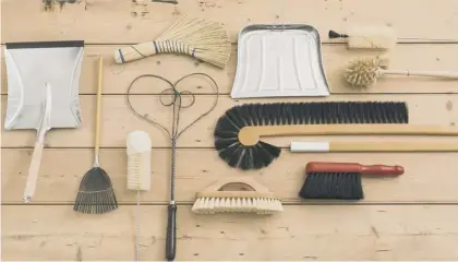  ??  ?? From left: Dustpan, £9; fly swat, £9; bottle brush, £6.75; rice straw hand brush, £7.50; heart-shaped old carpet beater, £14.50 (in stockapril); extendingc­upboardbru­sh,£35;
red-handled brush, £6.50; bottle brush, £7; loo brush with rim cleaner, £8, RE...