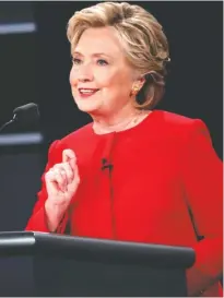  ?? DOUG MILLS/THE NEW YORK TIMES ?? Hillary Clinton speaks during the first presidenti­al debate, at Hofstra University in Hempstead, N.Y., on Monday.