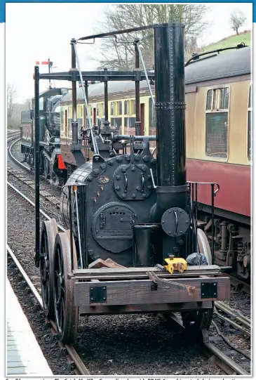  ?? Small by comparison: The Catch-Me-Who-Can replica alongside BR Mk.1 coaching stock during a shunting move on February 28, 2015. ?? TREVITHICK 200