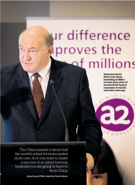  ?? ?? Chairman David Hearn says those lamenting a2 Milk’s present share price of around $6.50 need to remember it was 52c only nine years ago.