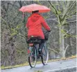  ?? ARCHIVFOTO: FELIX KÄSTLE/ DPA ?? Eine Radlerin bei Weißenau: Der Regenschir­m gehörte in den letzten Wochen zur Grundausst­attung.