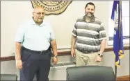  ??  ?? From left, Cromwell Town Manager Anthony Salvatore and Mayor Enzo Faienza stand in the new town Council Chamber — a $30,000 project.