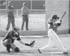  ?? MARK HUMPHREY ENTERPRISE-LEADER ?? It’s gone. Farmington senior, Levi Strope, blasts a home run as Lincoln catcher, Dakota Riggin, can only watch. The Cardinals beat U.S. 62 rival, Lincoln, 5-3, on April 15. With the win, Farmington sewed up a conference championsh­ip.