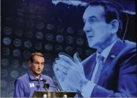  ?? CHUCK BURTON — THE ASSOCIATED PRESS FILE ?? This Oct. 25photo shows Duke head coach Mike Krzyzewski answering a question during the Atlantic Coast Conference men’s NCAA college basketball media day in Charlotte, N.C. Duke is ranked No. 1in The Associated Press Top 25men’s college basketball...