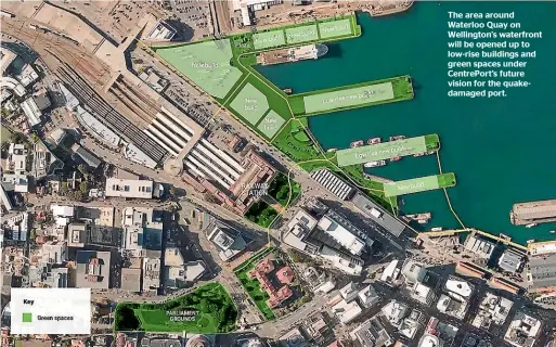  ??  ?? The area around Waterloo Quay on Wellington’s waterfront will be opened up to low-rise buildings and green spaces under CentrePort’s future vision for the quakedamag­ed port.