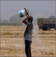  ?? (Bloomberg News (WPNS)/T. Narayan) ?? A farmer pours water on himself while working at a wheat farm last year in the Ludhiana district of Punjab, India.