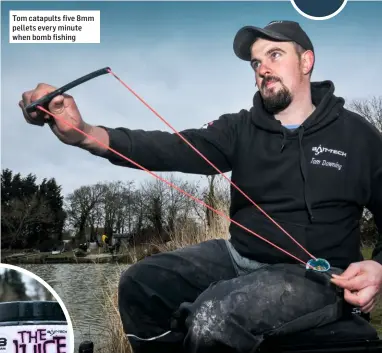  ??  ?? Tom catapults five 8mm pellets every minute when bomb fishing