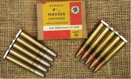  ??  ?? FROM LEFT: A stripper-clip with five rounds of original DWM 9x57mm soft-nose ammunition type 491A with 247grain softnose bullets, original box of Kynoch 9x57mm Mauser ammunition loaded with 245 grain softnose bullets (Kynoch always referred to it simply as the ‘9mm Mauser’) and a stripper clip with handloaded ammunition using Nosler Partition 225 grain bullets.