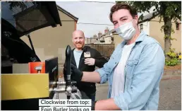  ??  ?? Clockwise from top: Eoin Butler looks on in anticipati­on as David-Owen Mahon from Mother Reilly’s pub in Rathmines shows him his mobile draught tap; DavidOwen pulling a pint; and an overjoyed Eoin with his Guinness